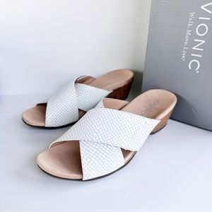 New Vionic Leticia Wedge White Leather Slide On Sandals